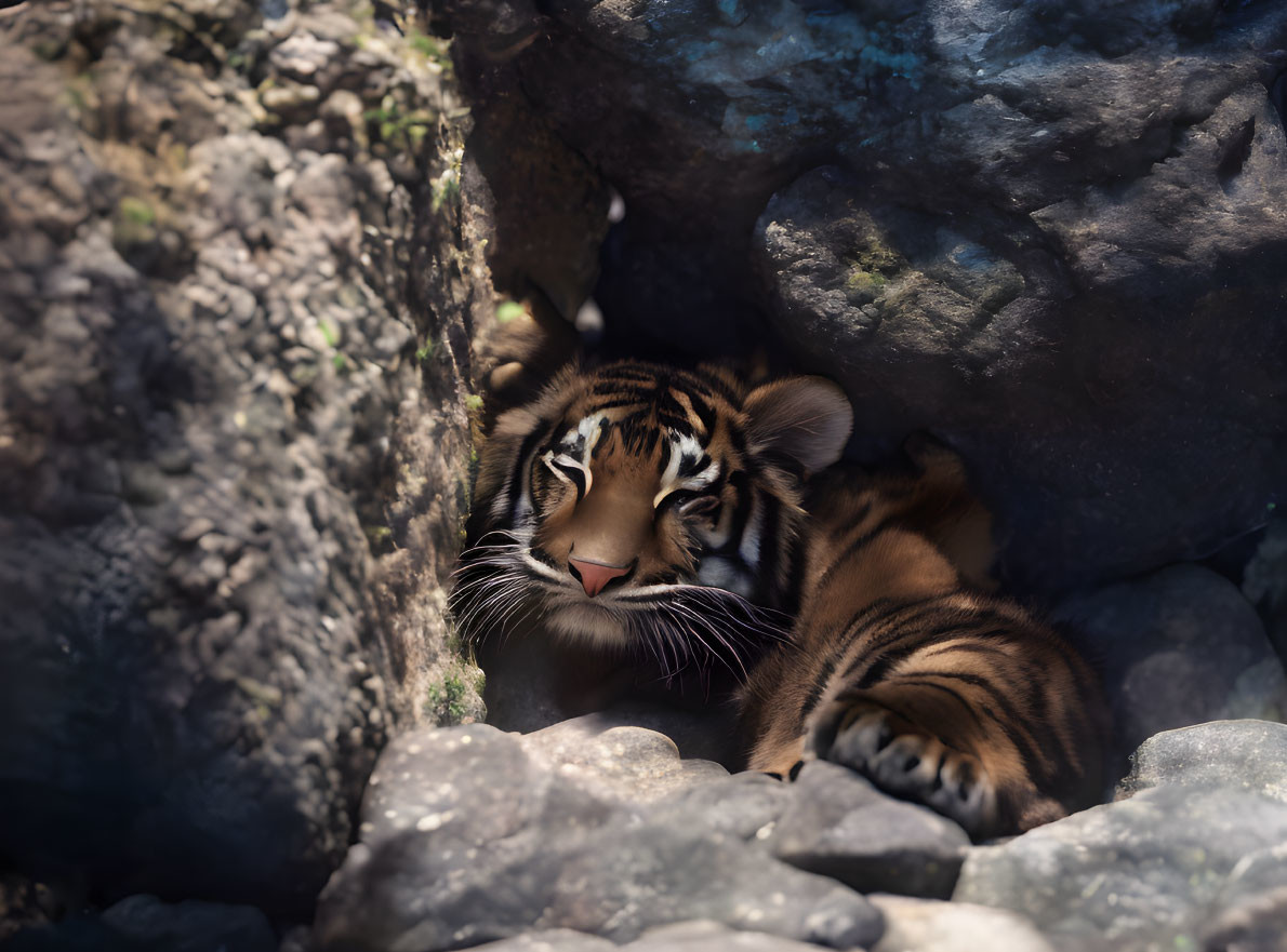 Curious tiger cub in rocky den with striped fur.