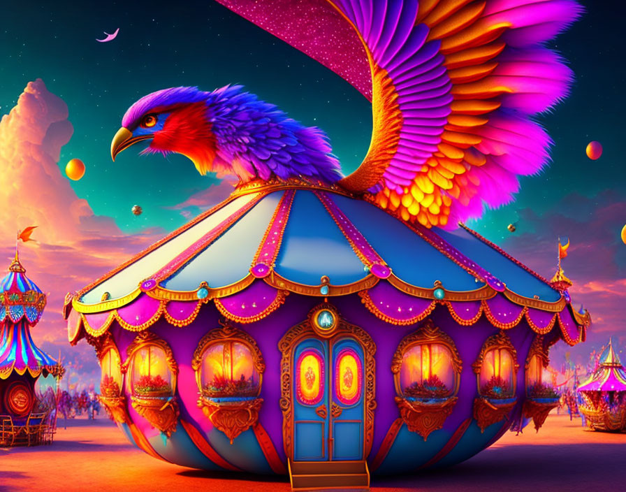 Colorful image of large bird on ornate circus tent in twilight