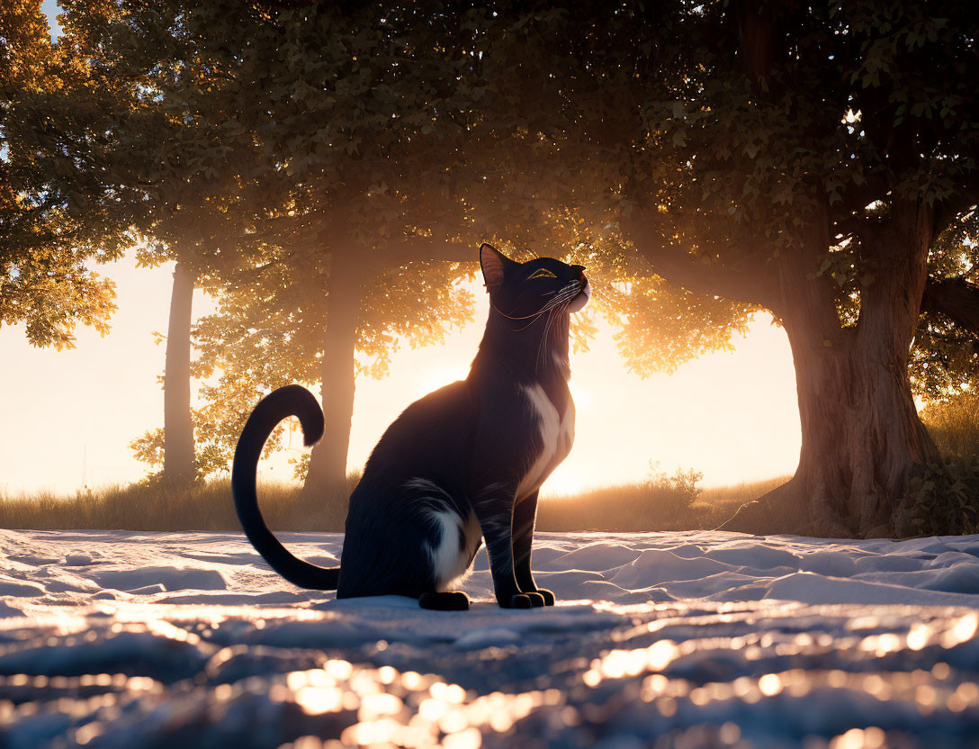 Black and white cat under tree at sunset with long shadows