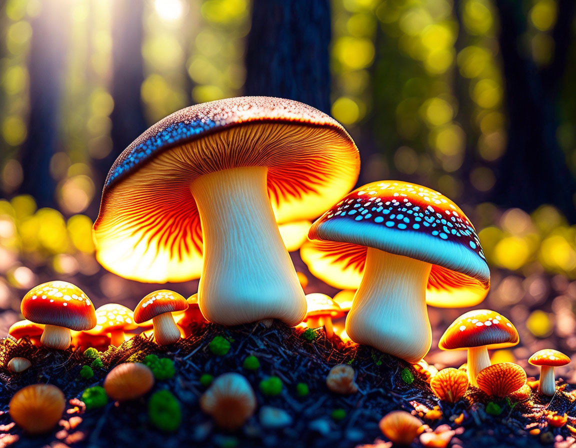 Colorful speckled mushrooms in soft forest light