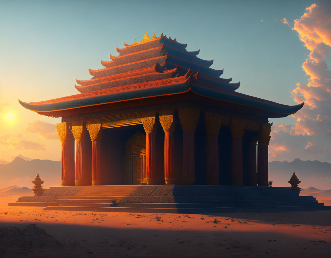 Traditional Asian temple in desert sunset glow.