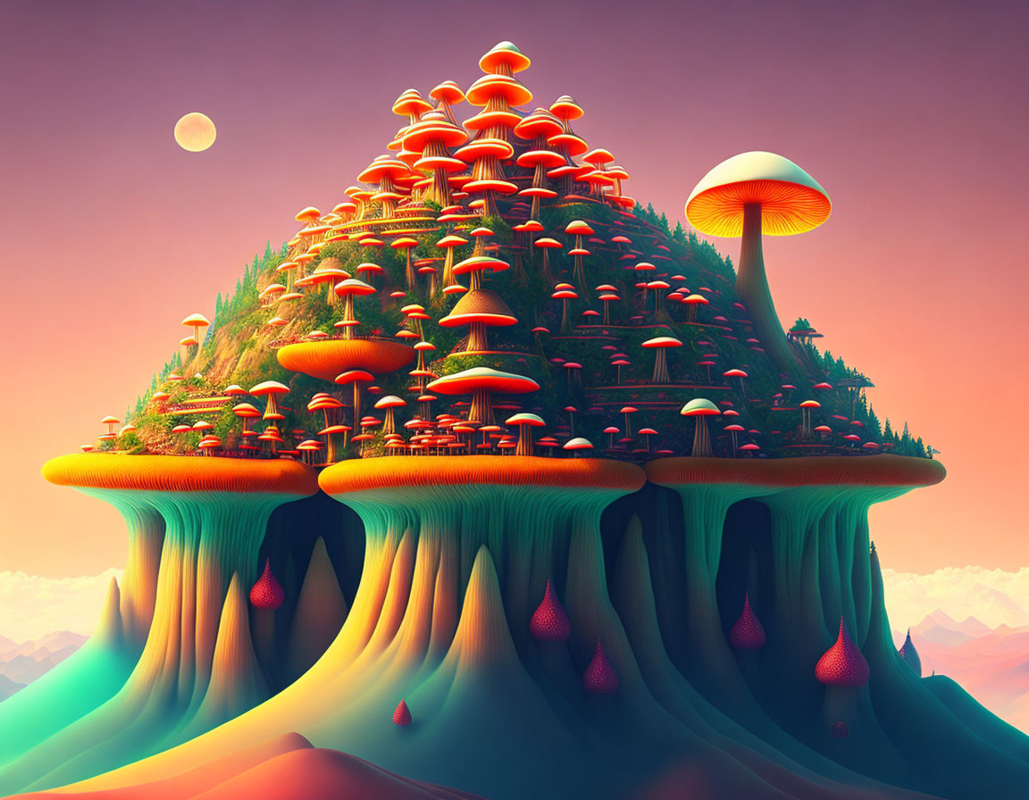 Fantasy digital art of vibrant mushroom hill and colorful sky