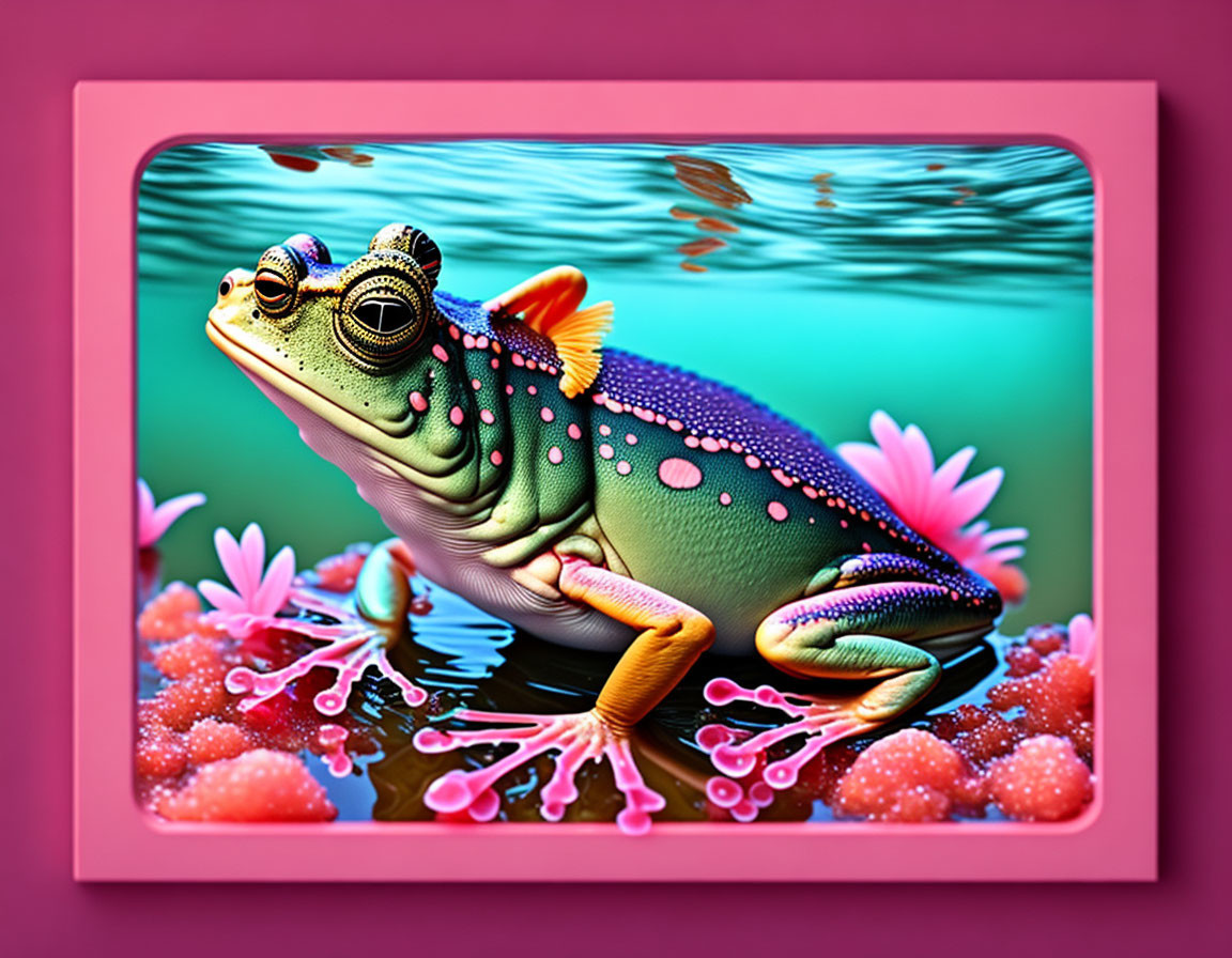 Vividly colored frog among pink water lilies in teal water