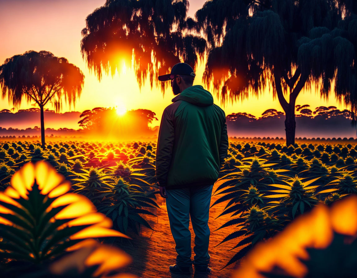 Silhouetted Figure in Lush Cannabis Field at Sunset