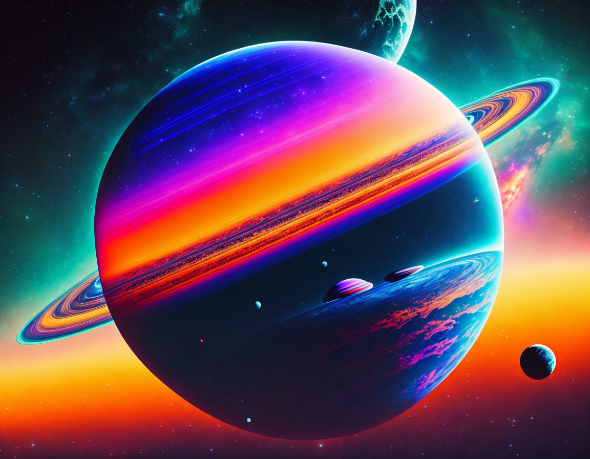 Surreal Gas Giant Planet with Colorful Rings and Moons