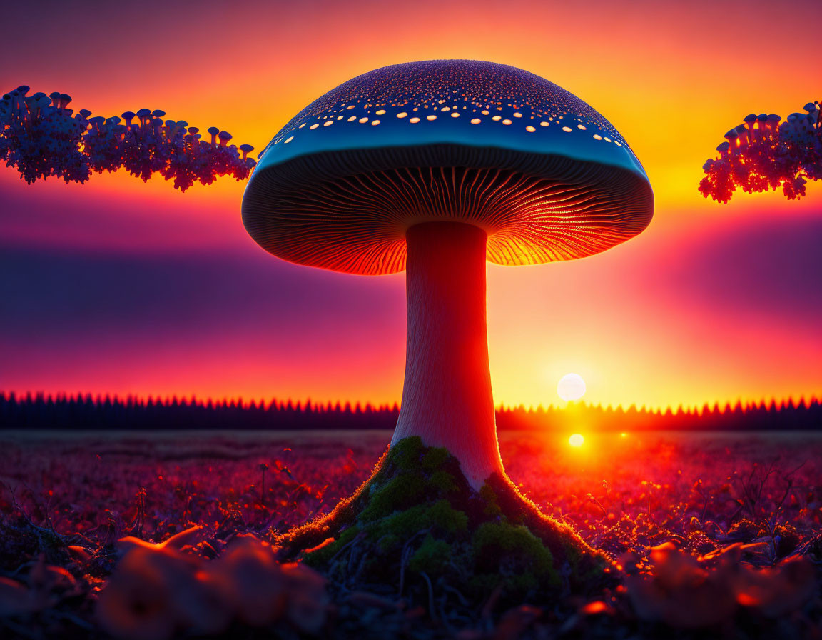 Oversized vibrant mushroom in glowing sunset landscape