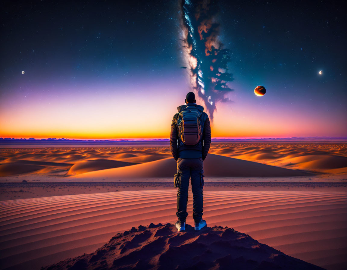 Lone Figure on Sand Dune Under Cosmic Landscape