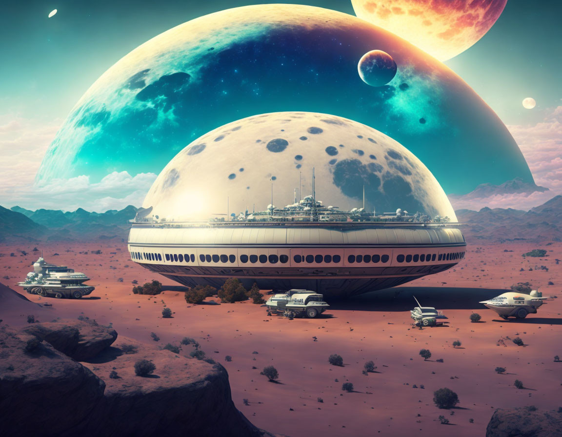 Futuristic Landscape with Domed Spaceship and Planets