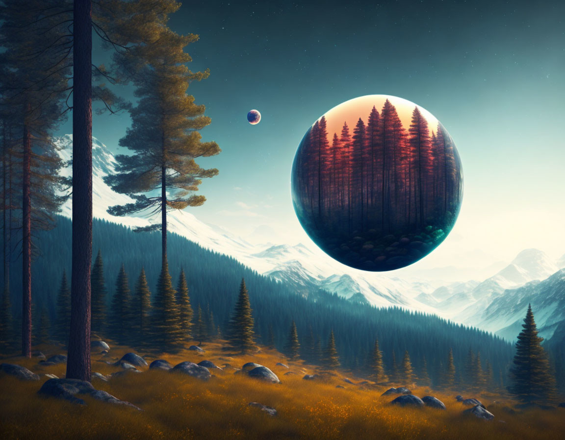 Surreal Landscape with Mountains and Cosmic Elements