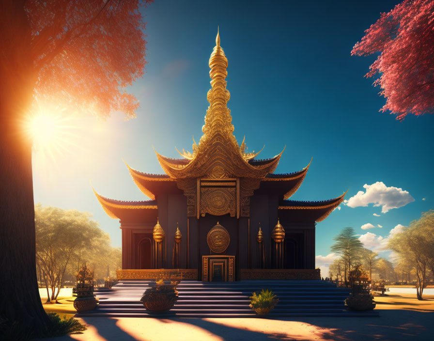 Golden and black traditional temple with ornate details surrounded by flowering trees