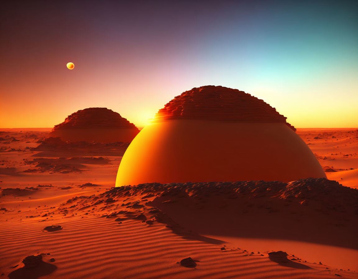 Surreal Desert Landscape with Dome Structures at Dusk