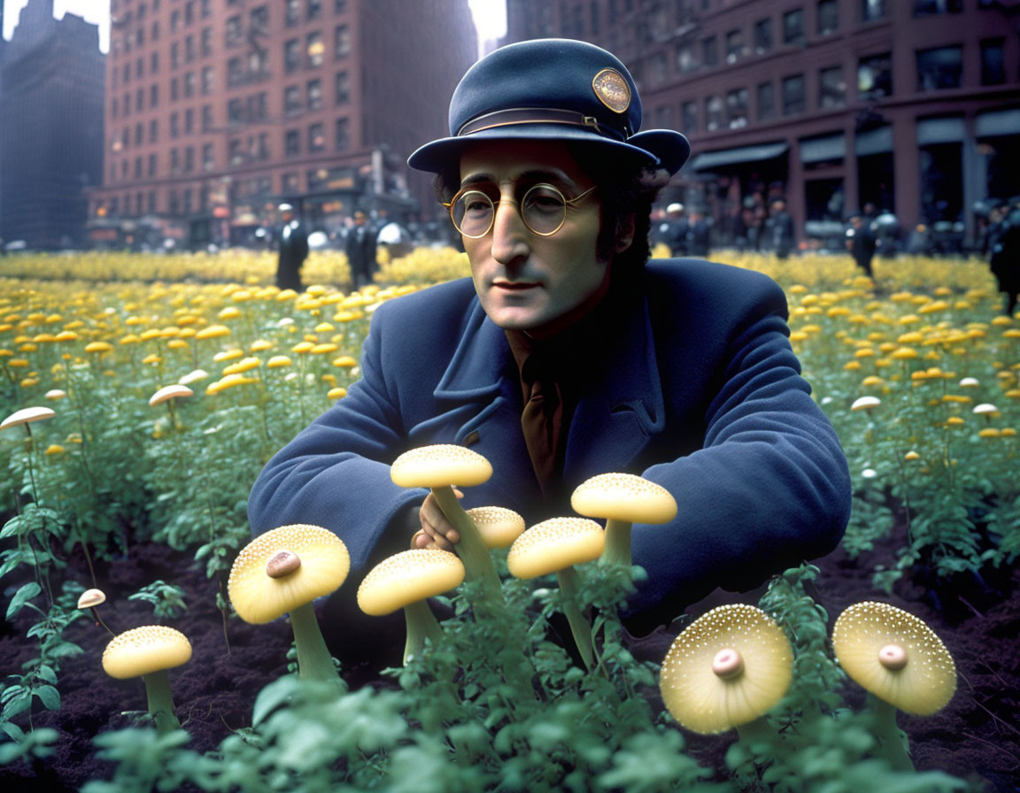 Man in Dark Coat Observing Yellow Mushrooms in Urban Field