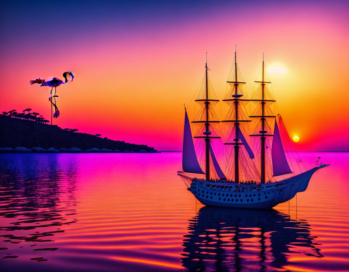 Sailing ship on calm sunset water with bird and tree silhouette