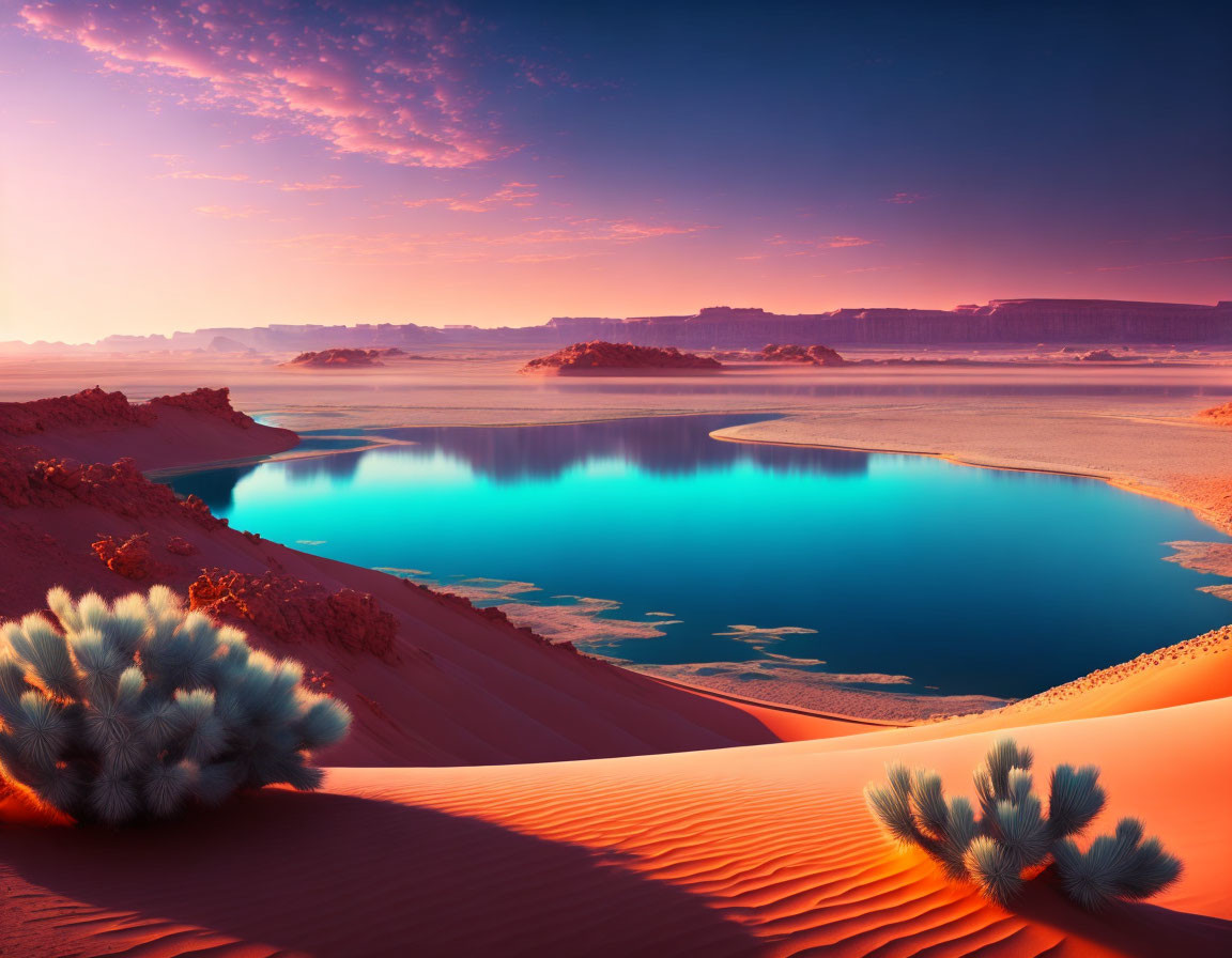 Serene Desert Landscape at Twilight with Oasis and Dunes