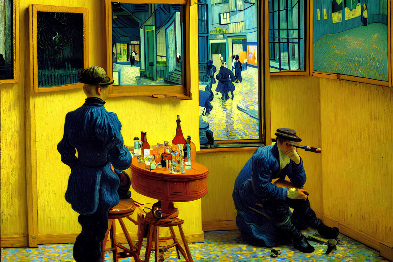 Colorful painting of two men in café with bottles on table