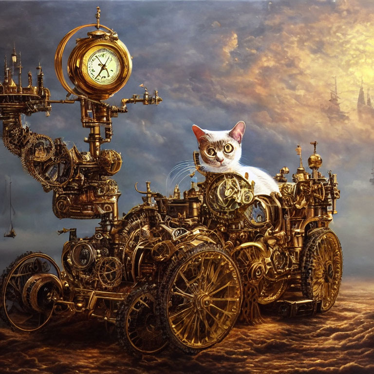 White Cat on Steampunk Vehicle with Clock Elements and Gears