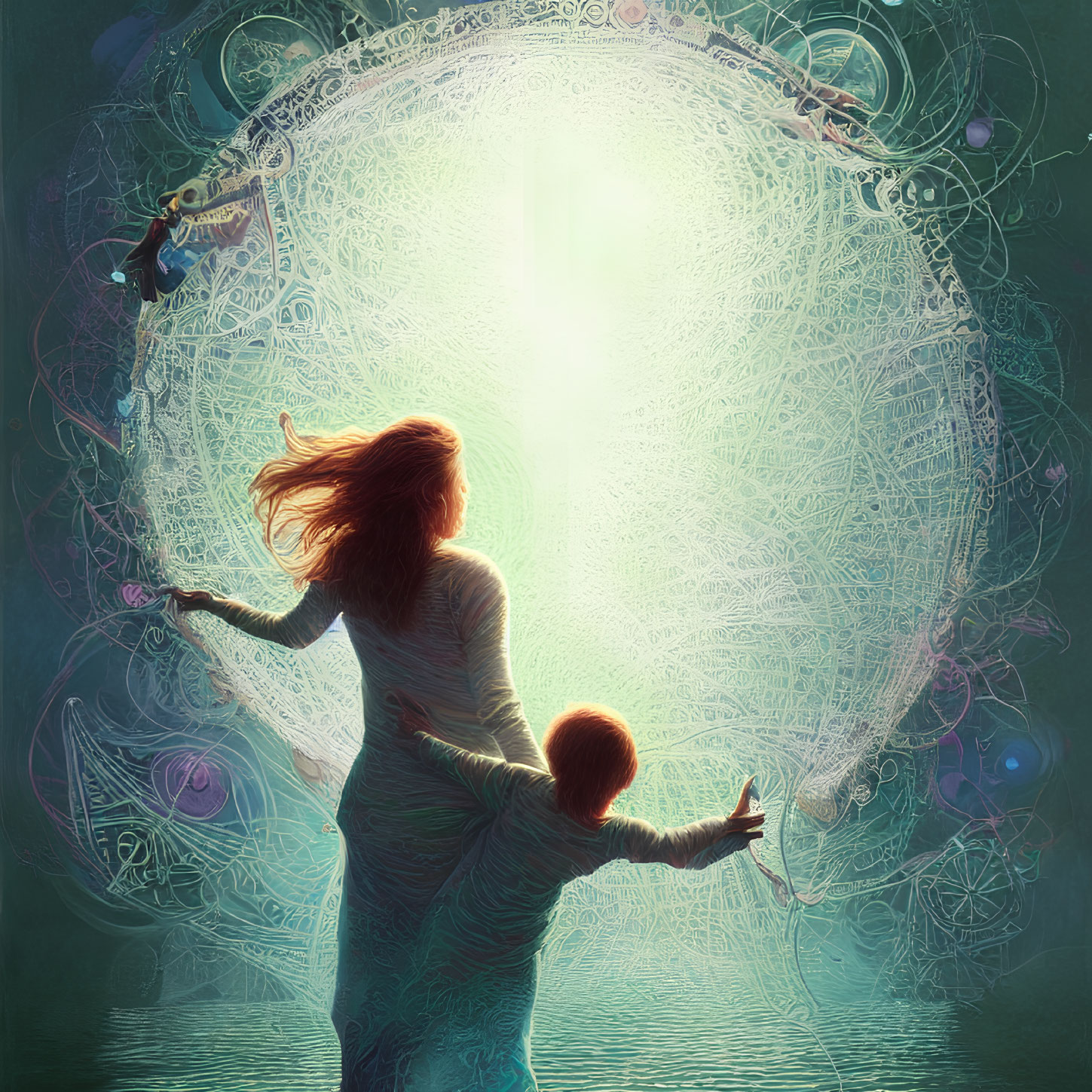 Woman and Child Facing Glowing Circular Portal with Mystical Symbols