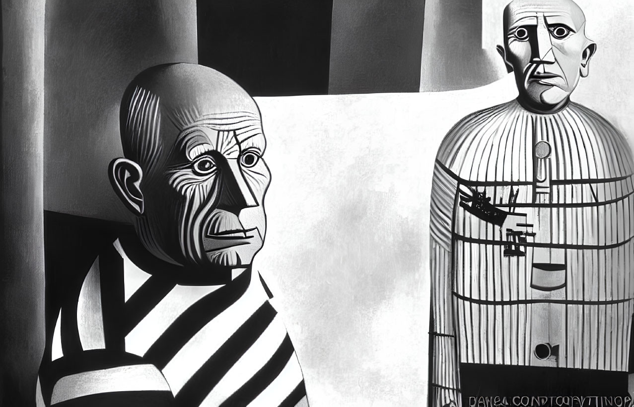 Monochrome illustration of two male figures in stripes and a suit with geometric shapes