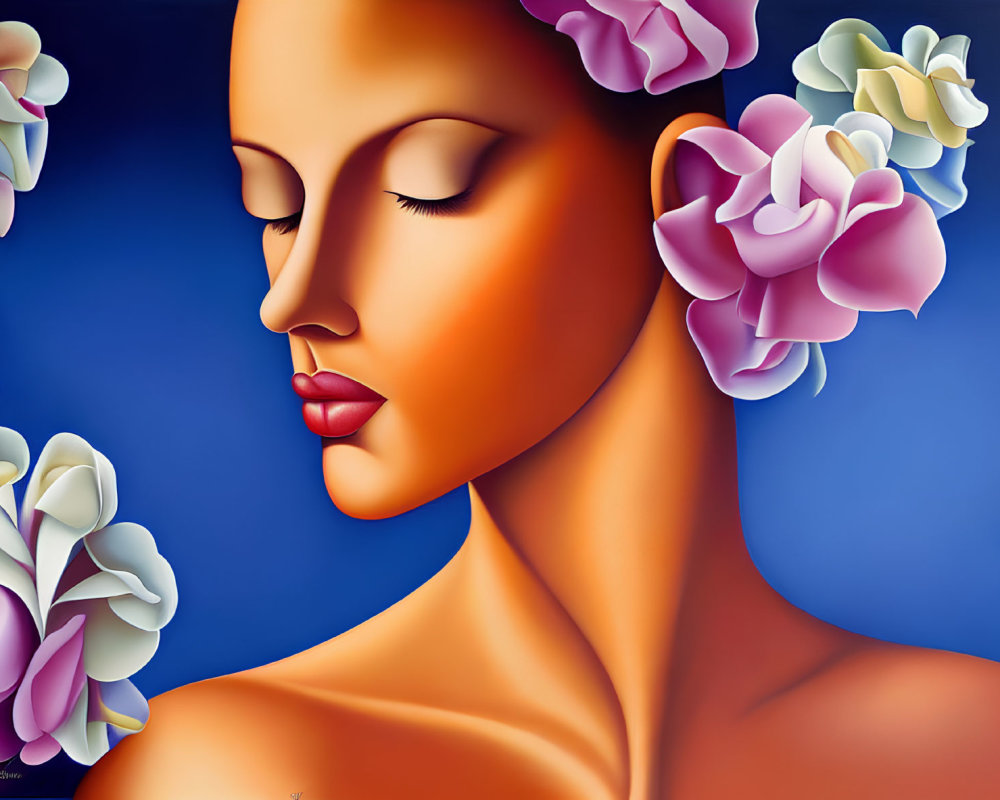 Stylized portrait of woman with closed eyes and floral hair on blue background