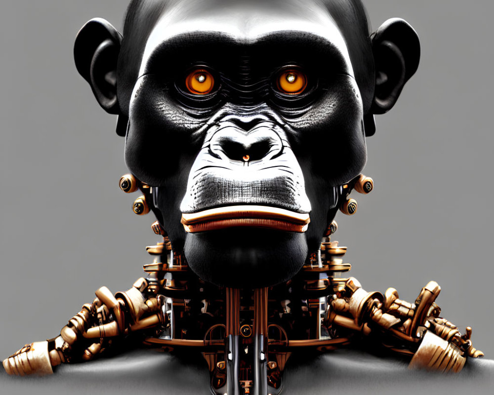 Detailed digital artwork: Robotic ape with orange eyes and mechanical features