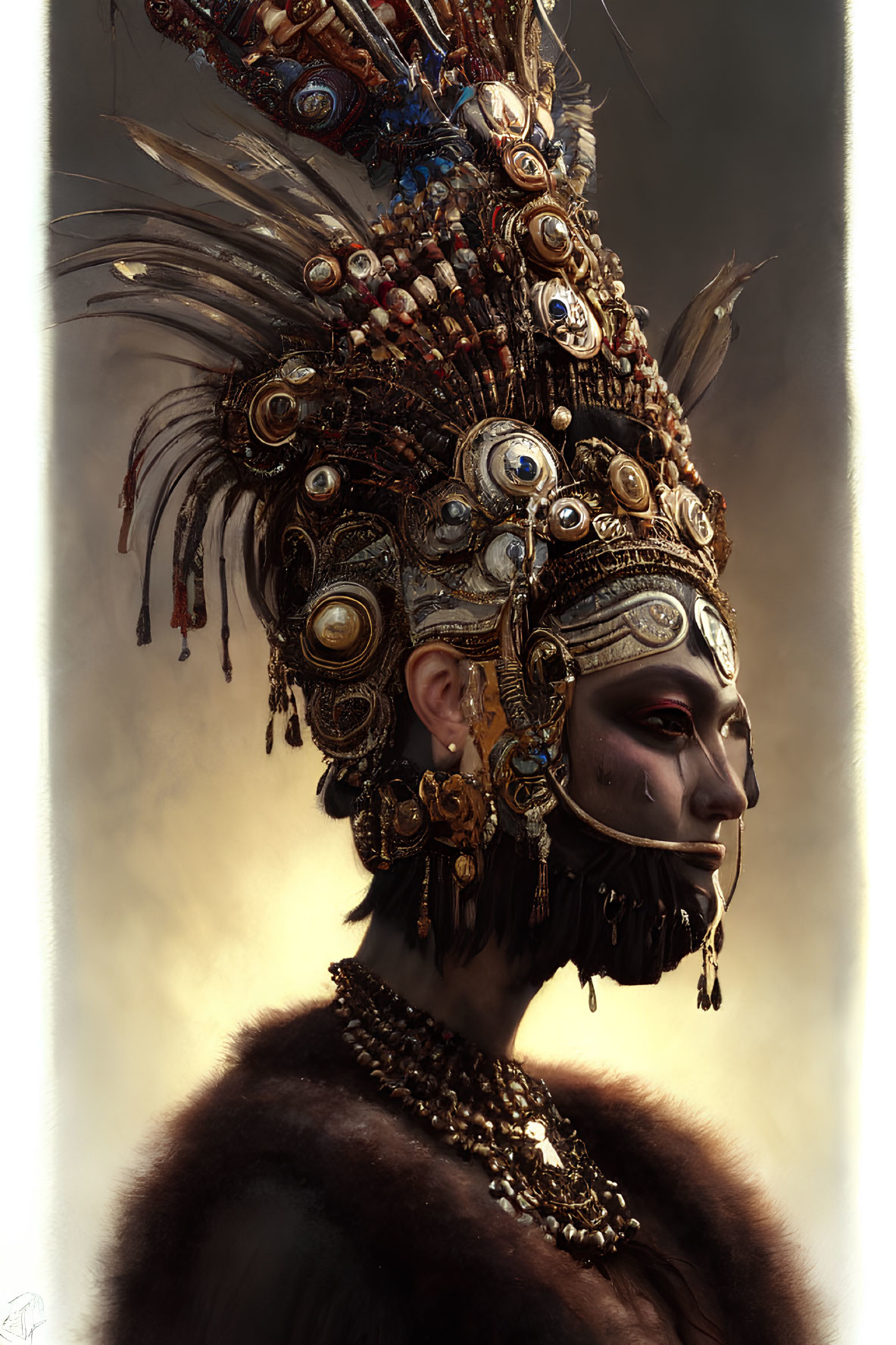 Intricately adorned person with feathered headdress on soft-lit backdrop