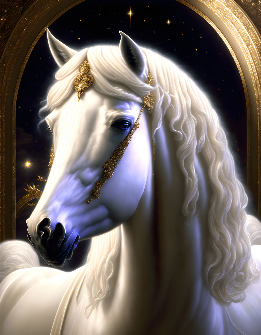 Ethereal white horse with golden jewelry on starry background