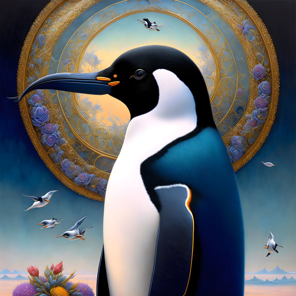 Surreal Emperor Penguin Art in Golden Frame