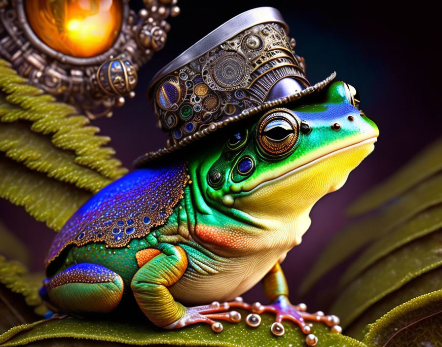 Colorful Metallic Frog in Steampunk Top Hat on Leaf with Glowing Orb