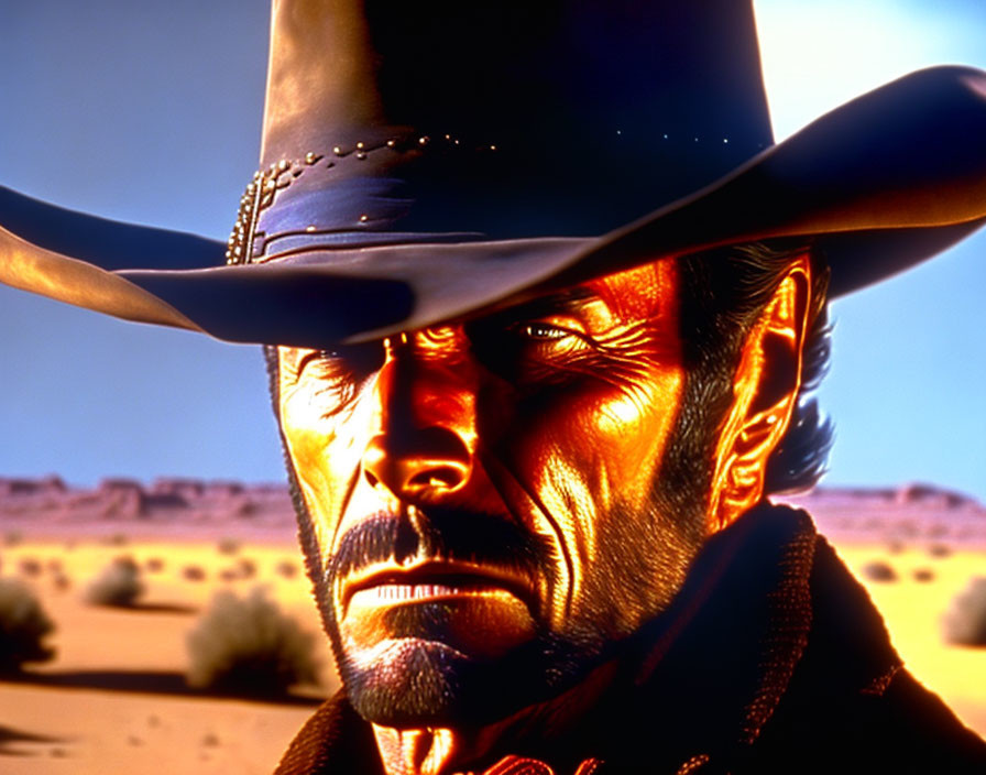 Stern cowboy with hat and stubble in desert landscape