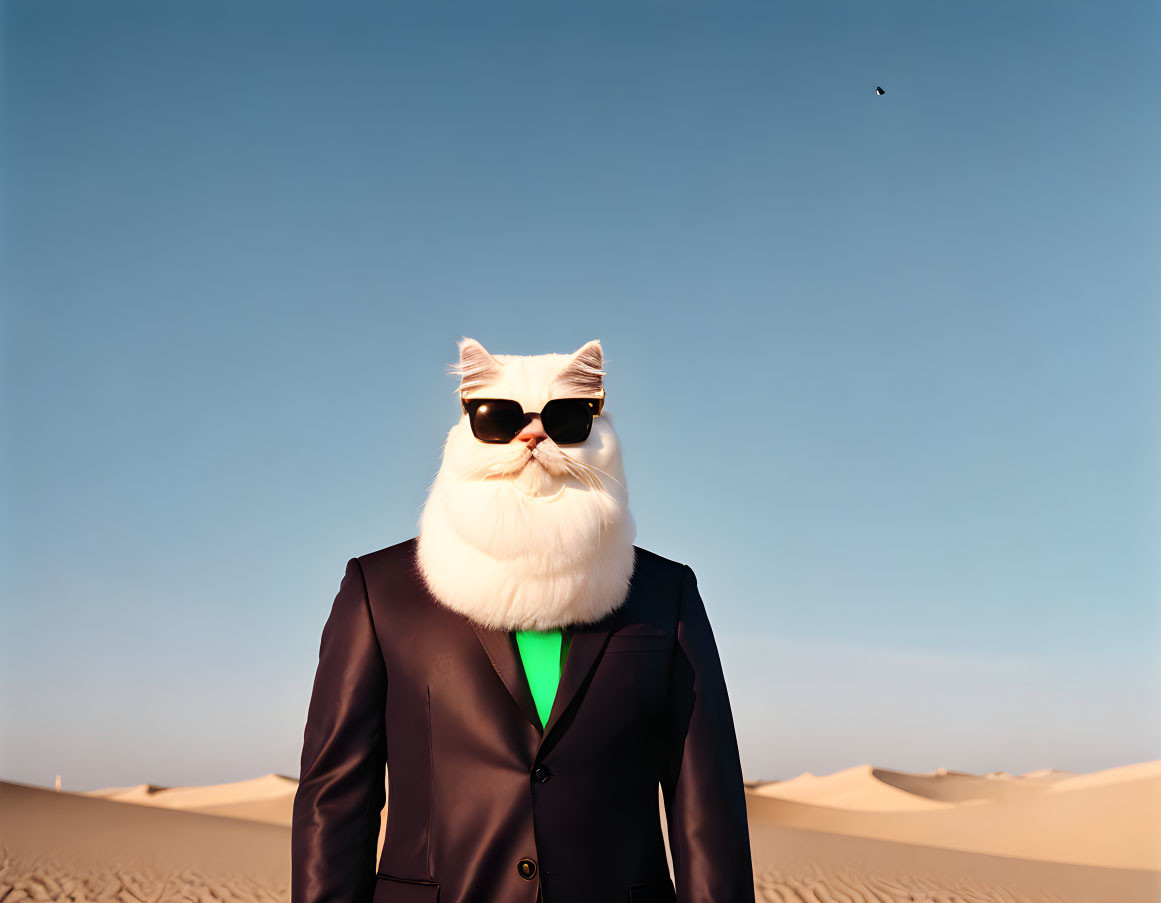 Cat-headed figure in suit and sunglasses in desert landscape