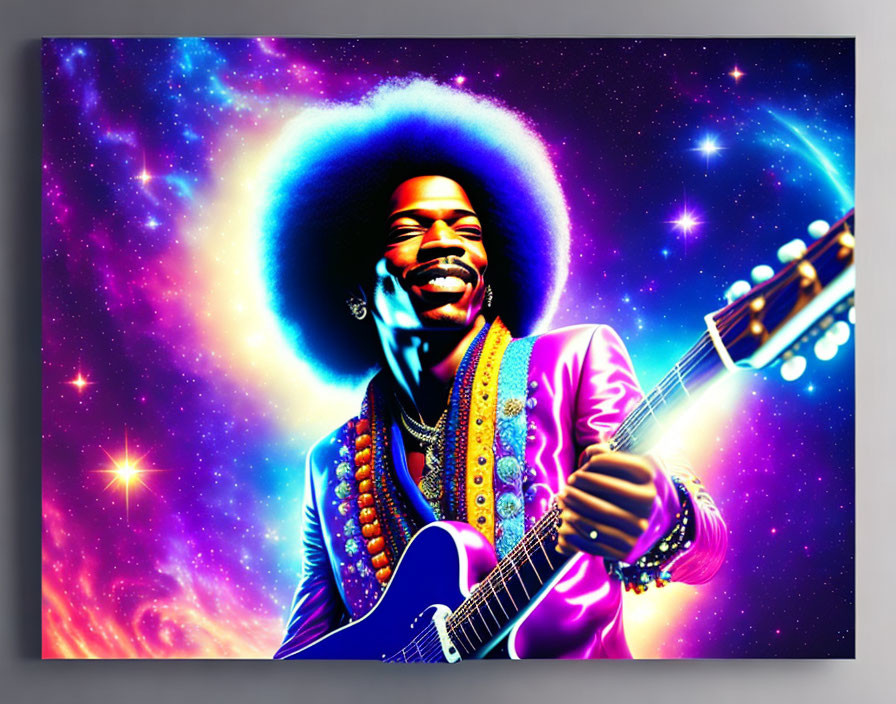 Colorful guitarist playing in cosmic background with wide smile