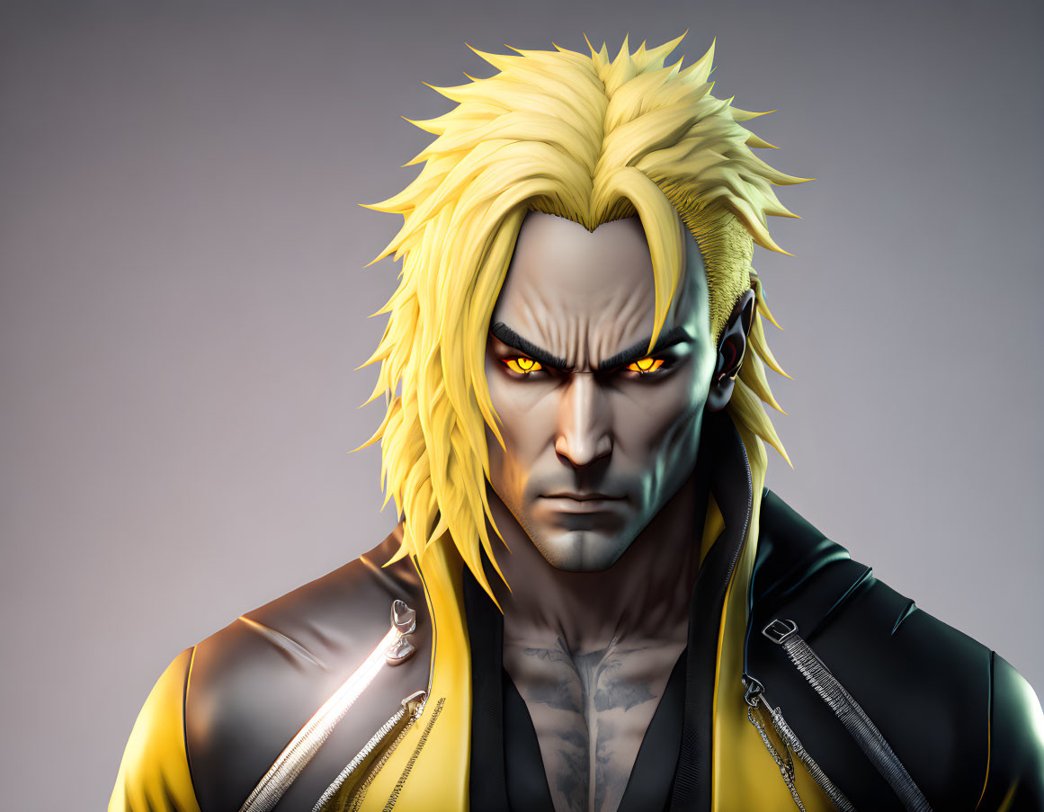 Male character with yellow spiky hair, red eyes, tattoos, black and yellow jacket