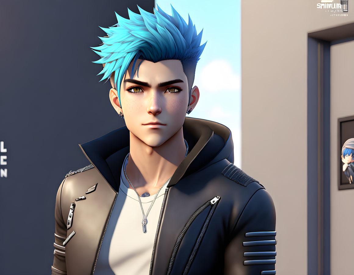 Character with Spikey Blue Hair in Stylish Black Jacket