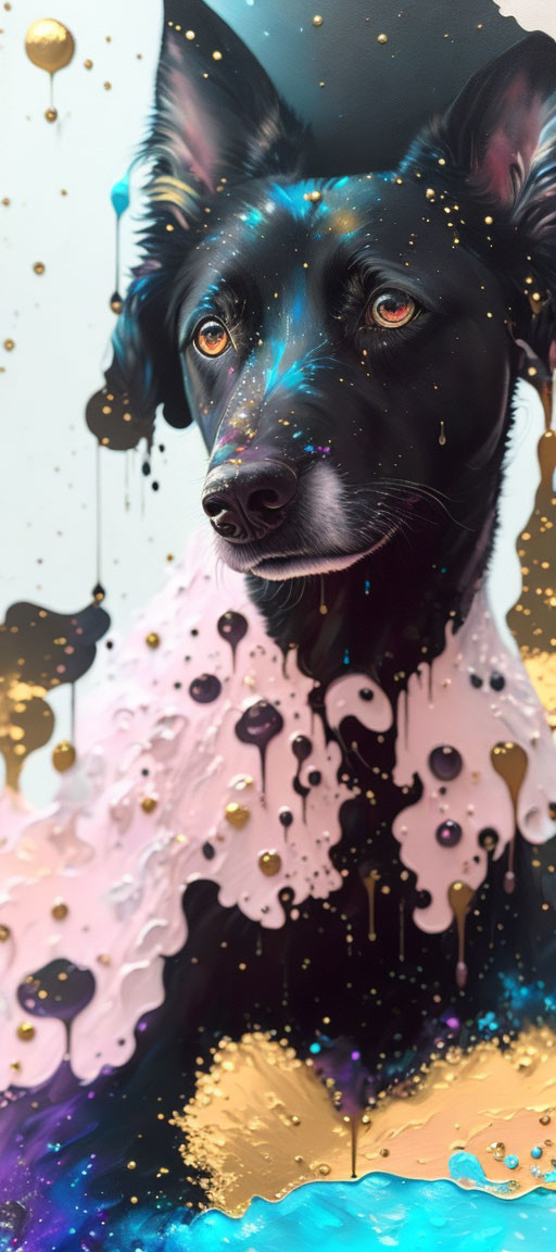 Colorful digital artwork featuring a black dog with cosmic patterns and melting paint drips