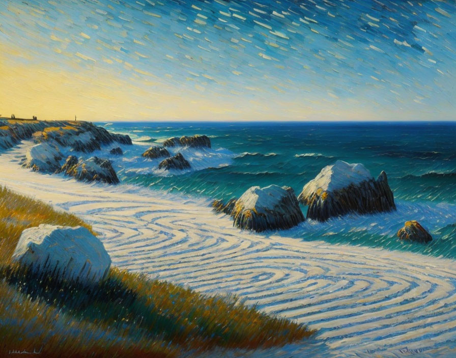 Textured Sands and Rocks in Vibrant Coastal Scene