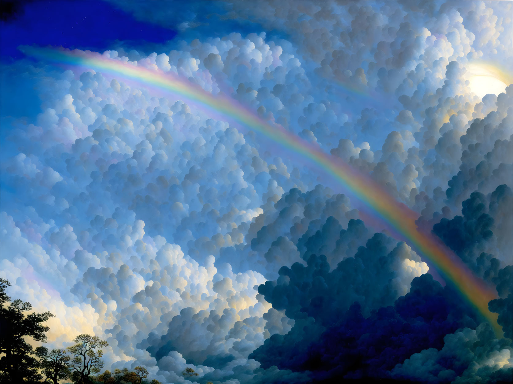 Dramatic sky with vibrant rainbow and silhouetted trees