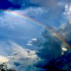 Dramatic sky with vibrant rainbow and silhouetted trees