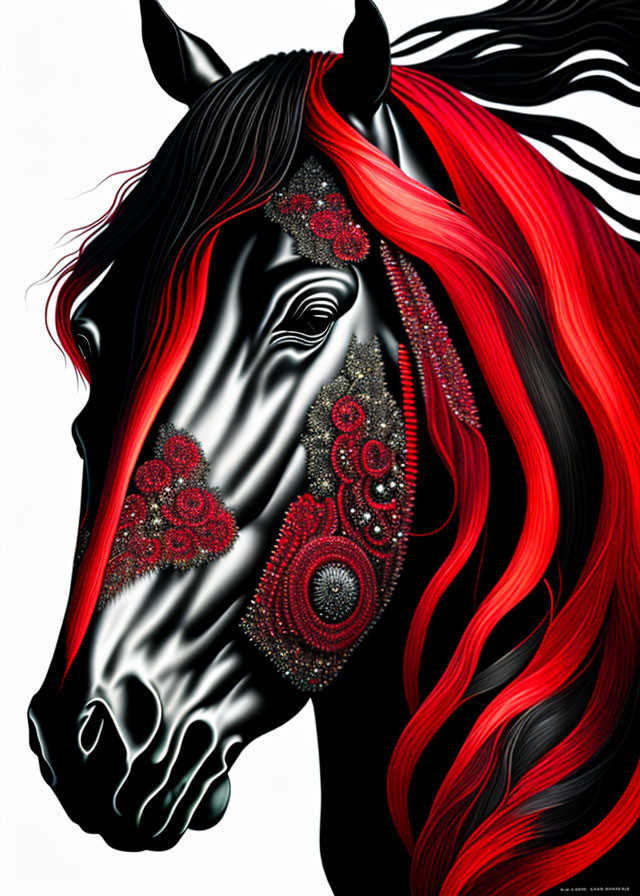 Black Fur Horse with Red and Black Floral Mane Illustration