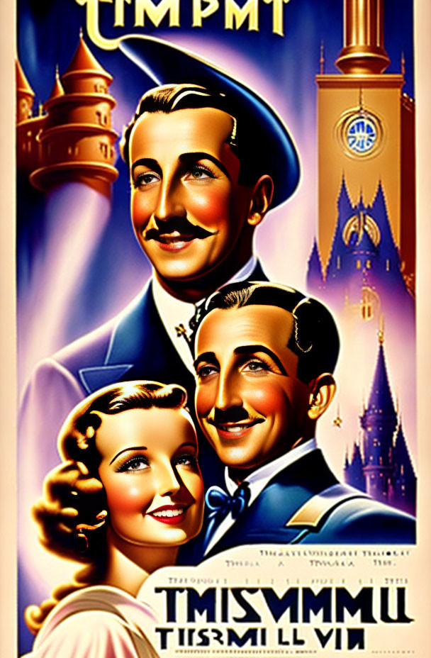 Vintage-style poster with smiling man, woman leaning on shoulder, and man's profile in front of castle