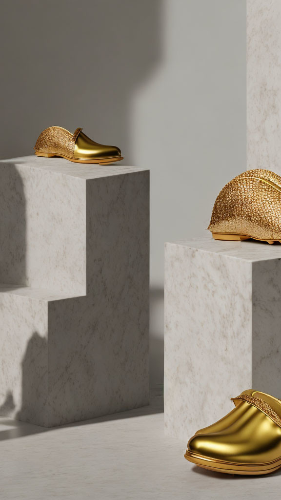 Shiny gold shoes on marble blocks with shadow on textured wall