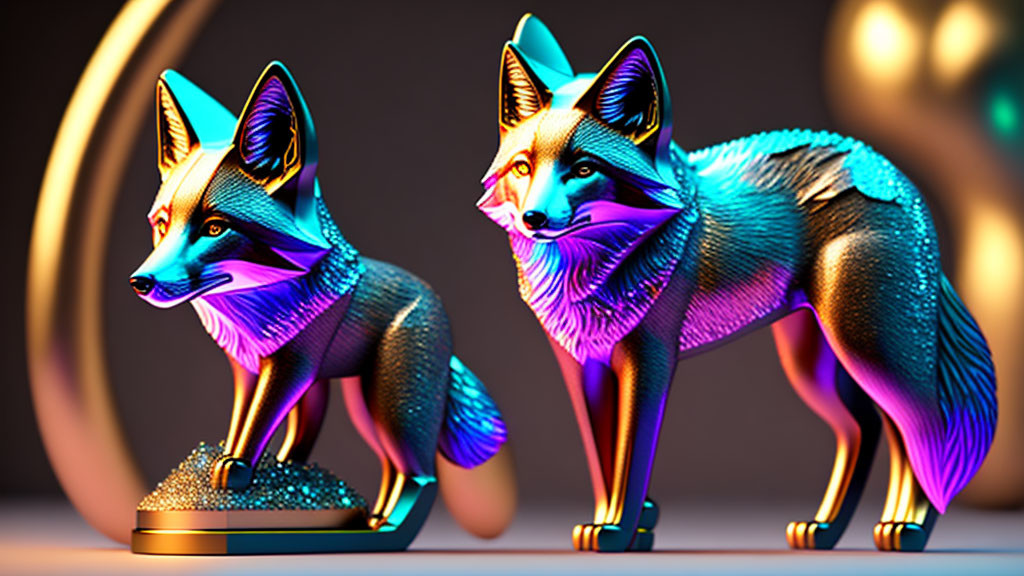 Vibrant iridescent fox sculptures in blue, purple, and gold hues