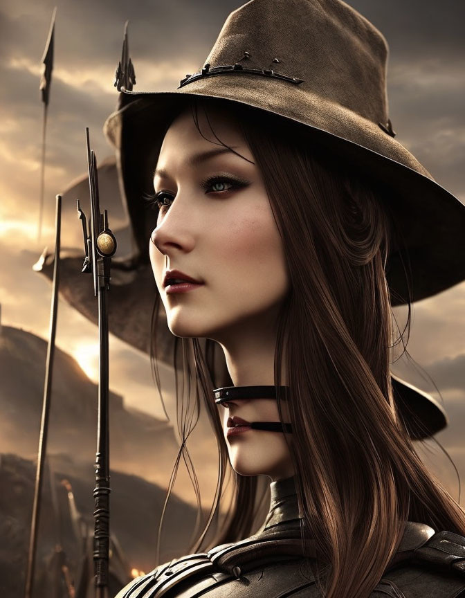 Medieval-inspired armor woman with broad-brimmed hat at dusk