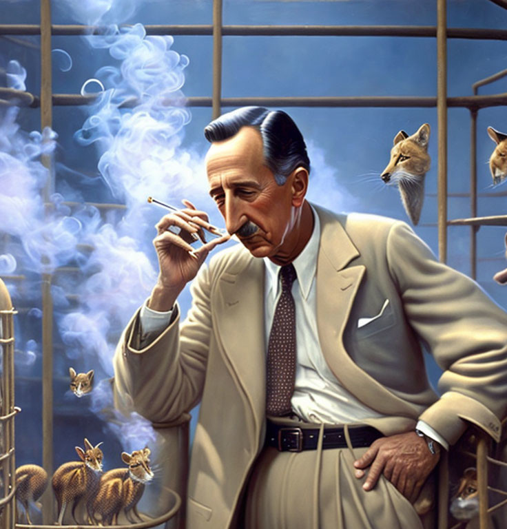 Stylized illustration of man in beige suit smoking by window with floating foxes