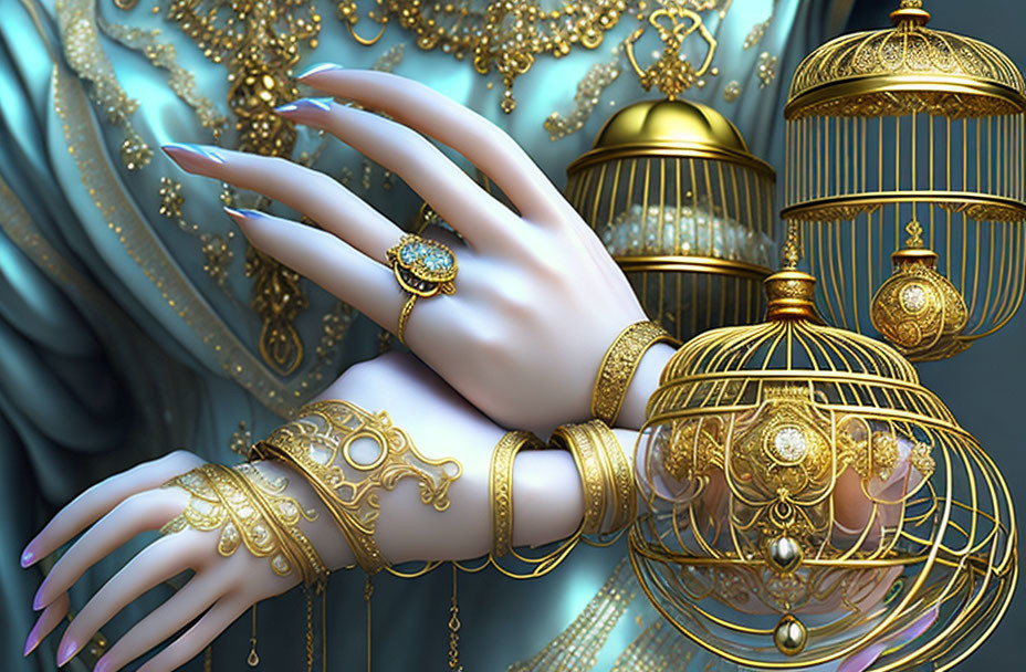 Intricate golden jewelry on elegant hand with birdcage and blue fabric