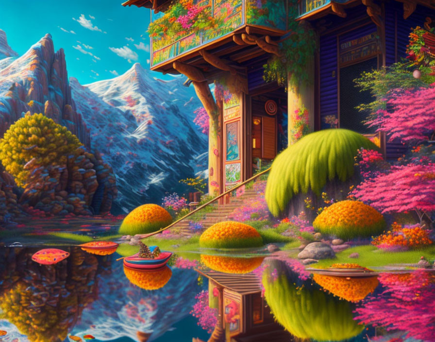 Colorful fantasy landscape with traditional house, pond, mountains, and vibrant flora