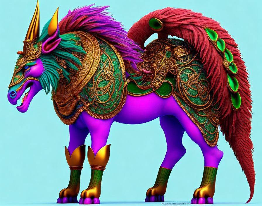 Vibrant digital artwork: lion and unicorn creature in ornate armor