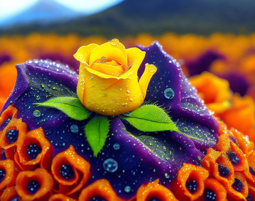 Bright Yellow Rose with Dewdrops Among Purple and Orange Flowers