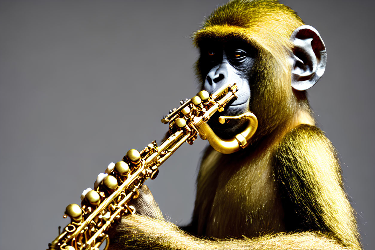 Golden-furred primate playing saxophone on grey background