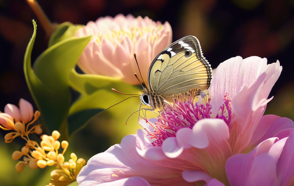 Patterned Butterfly Resting on Pink Flower Stamen Amid Vibrant Sunlit Flora