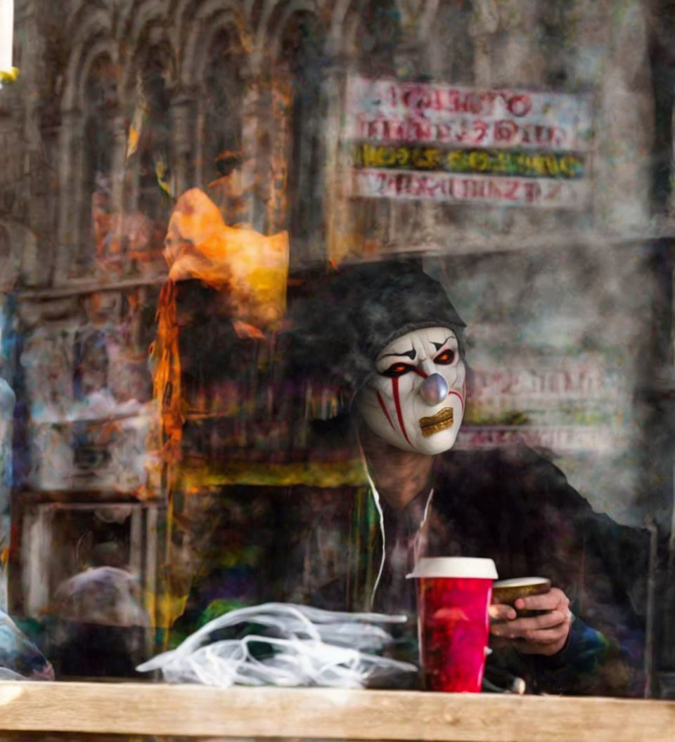 Person in white clown mask at table with red cup, cathedral-like backdrop, and smoky effects